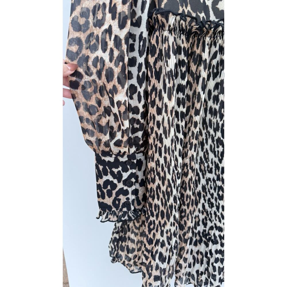 GANNI Leopard Print Babydoll Dress Size 38 Sz 6 Puff Sleeve Pleated Sheer Lined - Picture 8 of 10